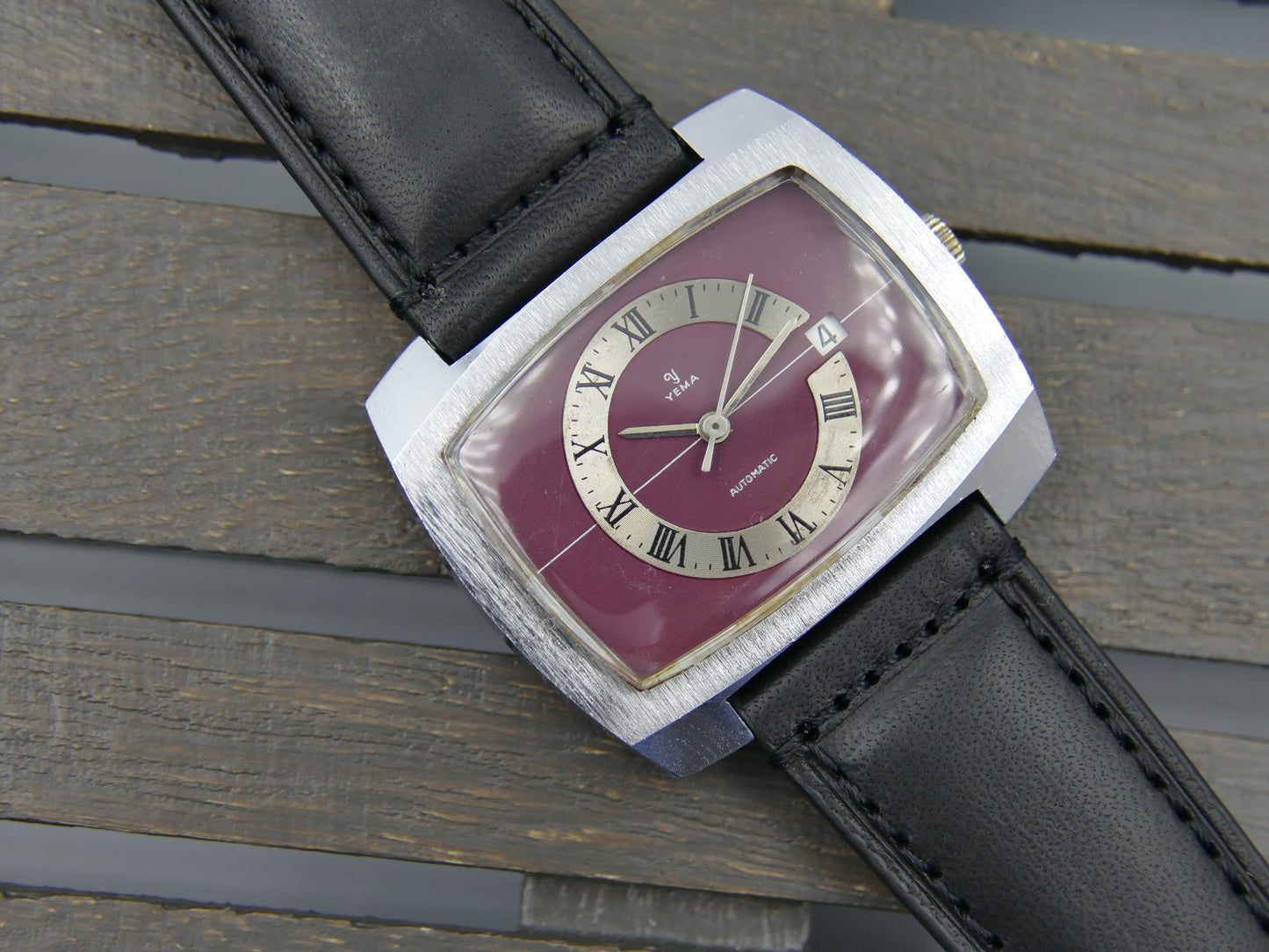 70s vintage watch mens burgundy Yema TV big automatic FE 3611 serviced