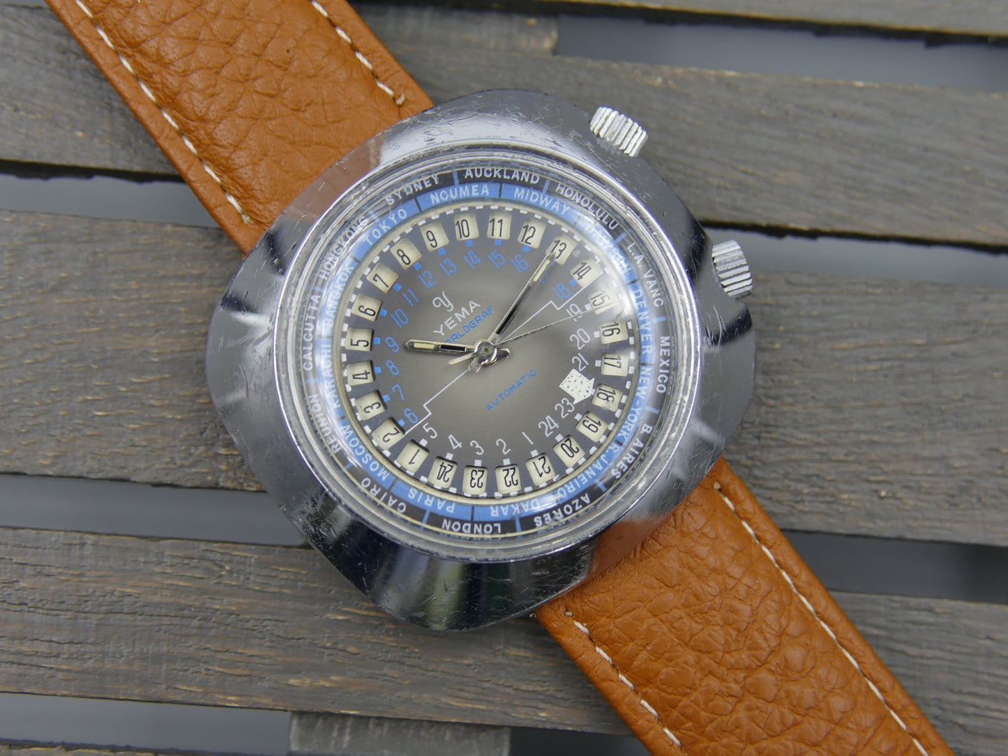 60s vintage watch mens Yema Worldgraf patent peding automatic FE RARE