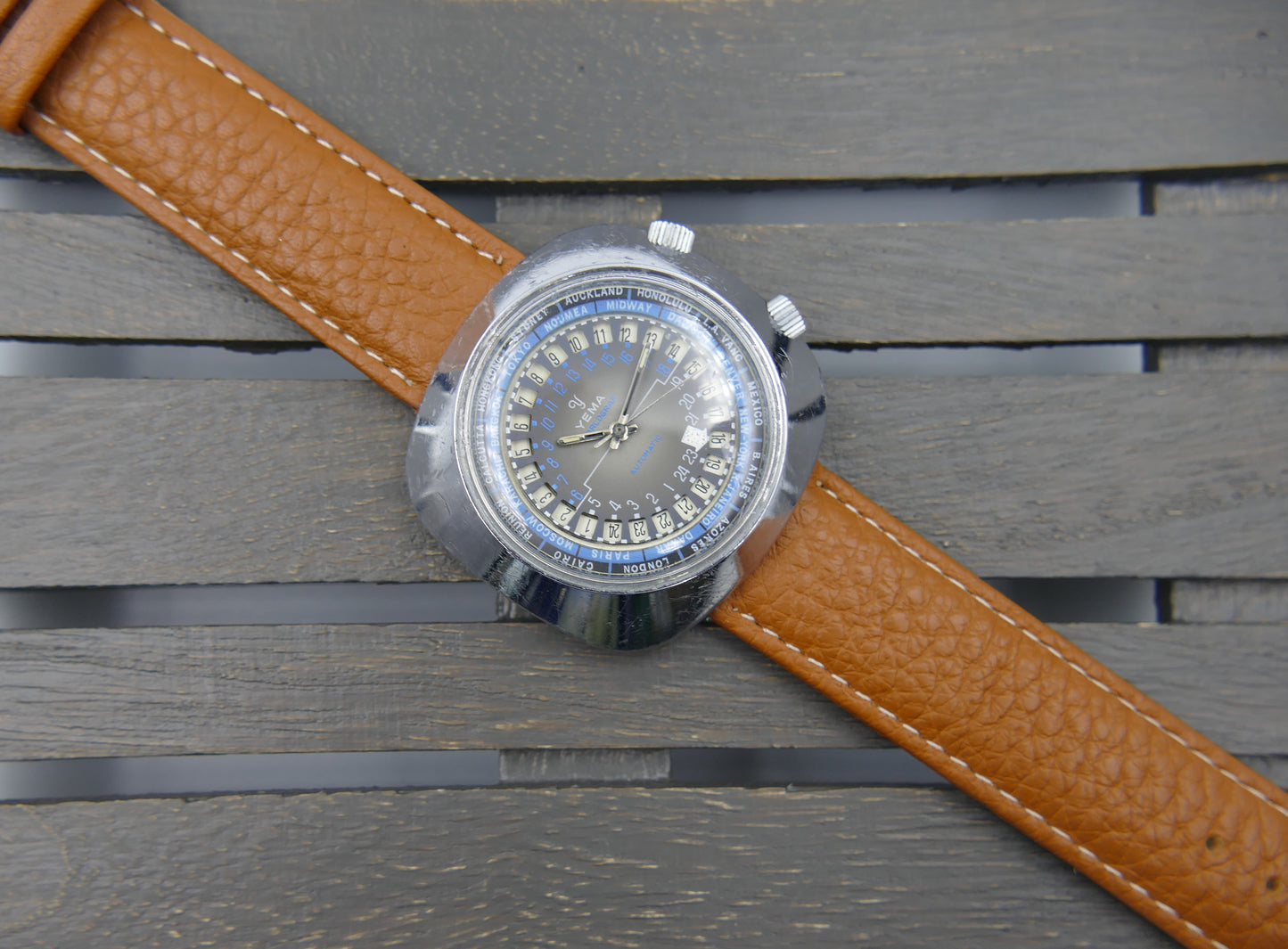 60s vintage watch mens Yema Worldgraf patent peding automatic FE RARE