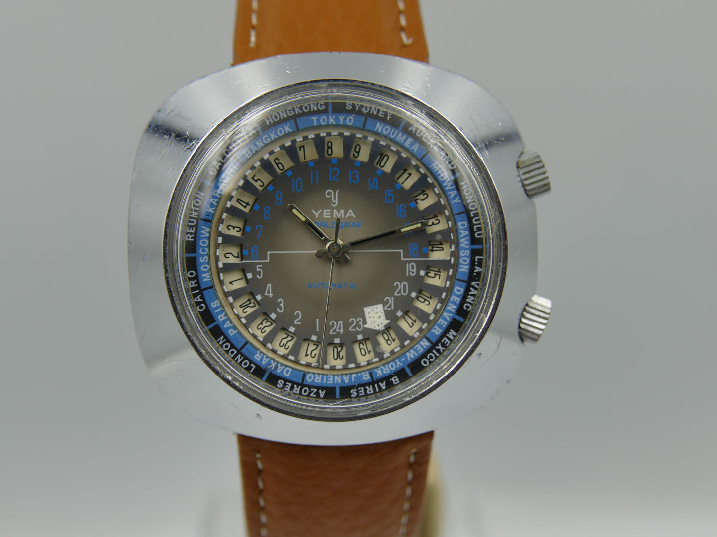 60s vintage watch mens Yema Worldgraf patent peding automatic FE RARE