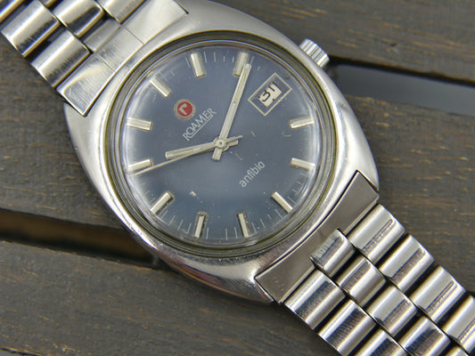 Vintage watch mens Roamer anfibio 430-1120.012 manual wind serviced blue dial
