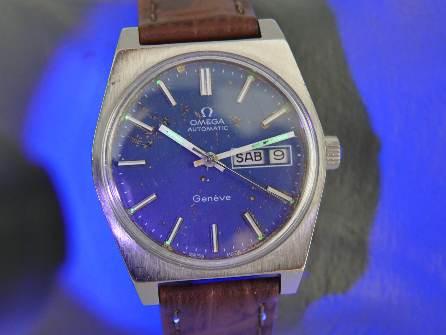 70’s vintage watch mens Omega Geneve ref 166.0120 automatic cal 1022 blue serviced