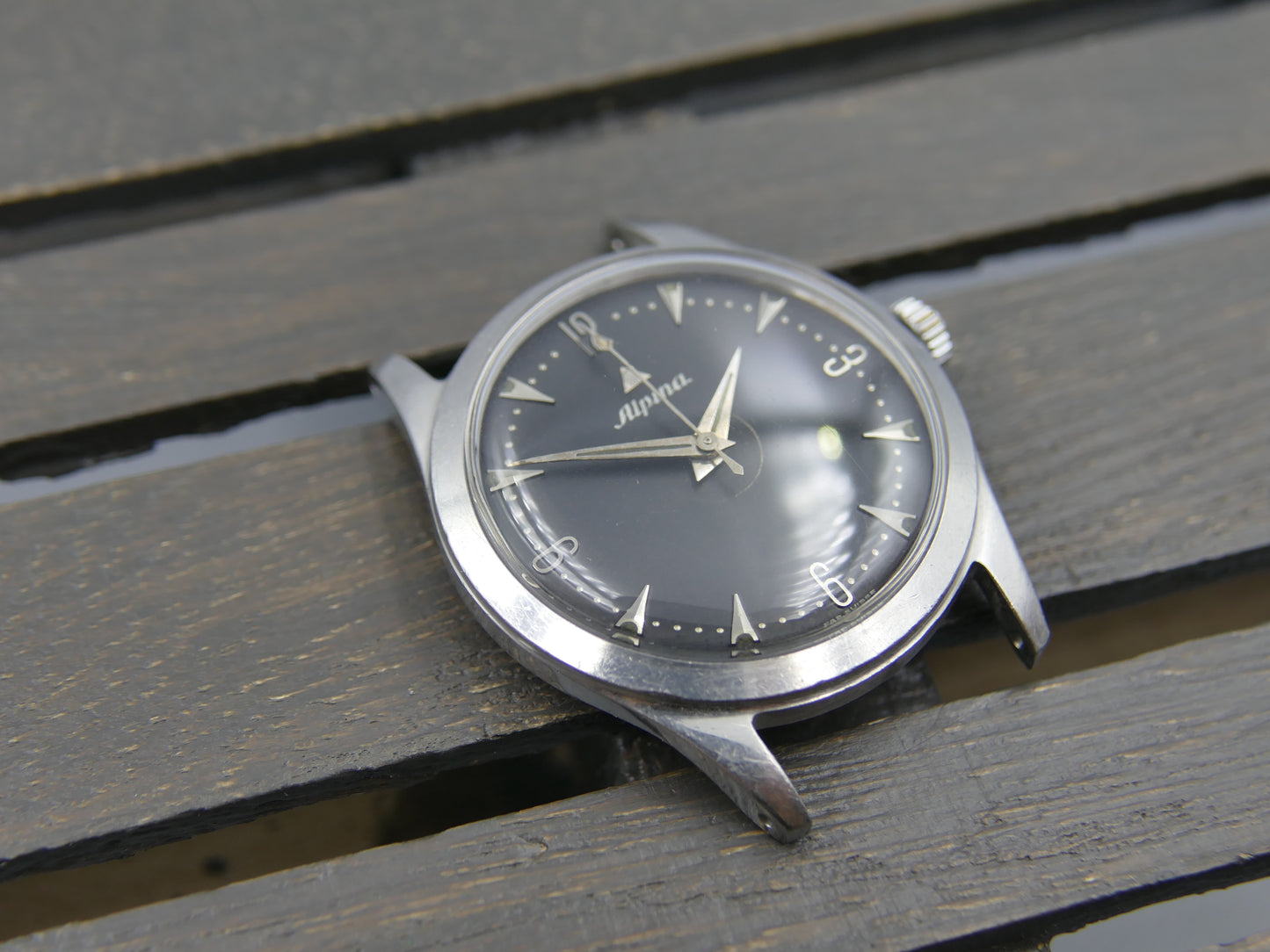 50s vintage watch mens Alpina black dial manual wind cal 598 SS serviced