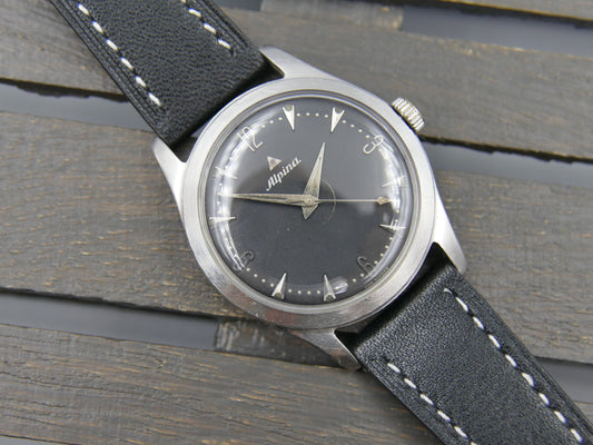50s vintage watch mens Alpina black dial manual wind cal 598 SS serviced