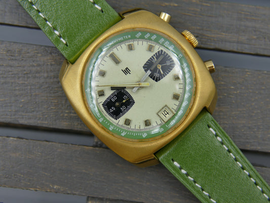 70s vintage watch mens LIP chronograph valjoux 7734 green serviced