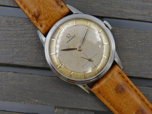 50’s vintage watch mens Omega ref. 2738 -1 honeycomb cal 410 serviced rare 2 tone