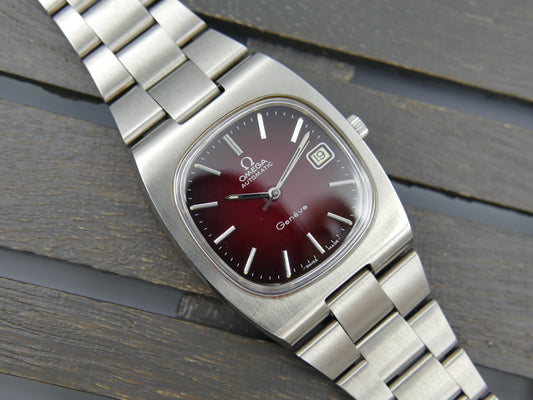 70s vintage watch Omega Geneve Automatic cal 1012 ref 166.0191 burgundy red dial NOS