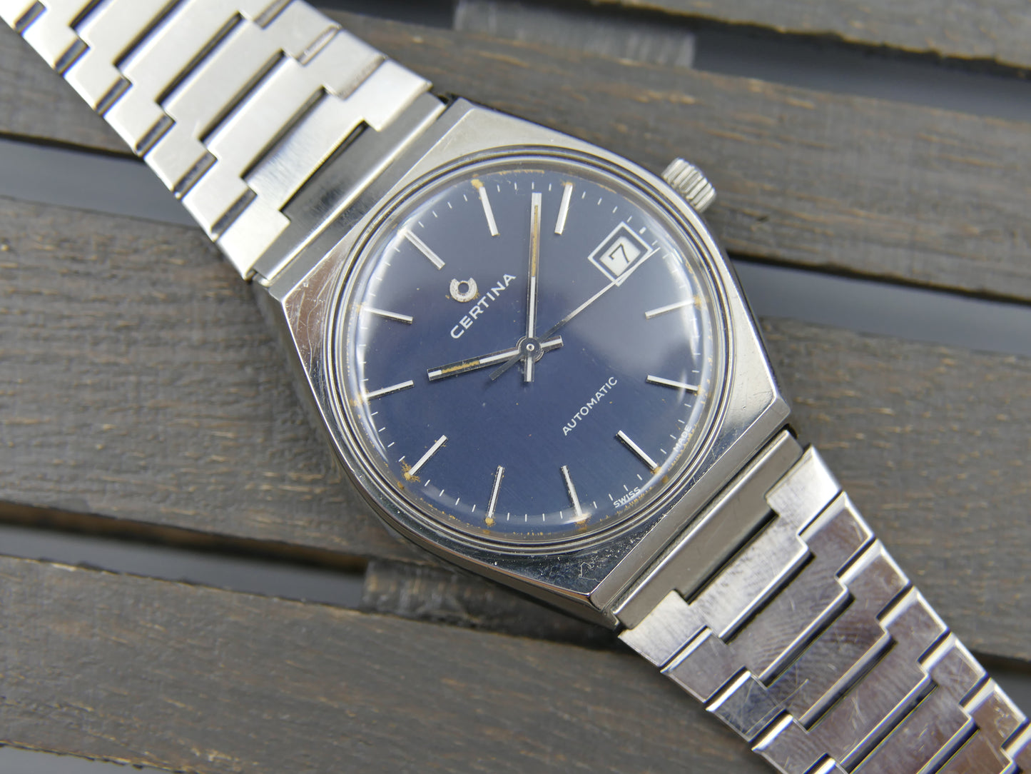 70s vintage watch mens Certina 605.3001.14 automatic blue SS serviced