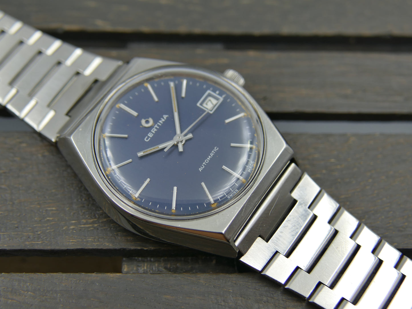 70s vintage watch mens Certina 605.3001.14 automatic blue SS serviced