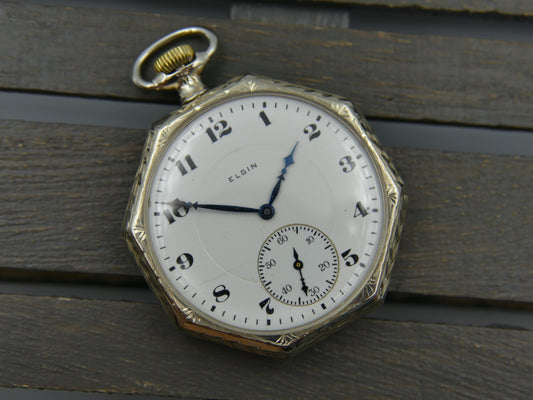 20s vintage pocket watch Elgin Grade 315 Octagonal white 14k solid gold serviced