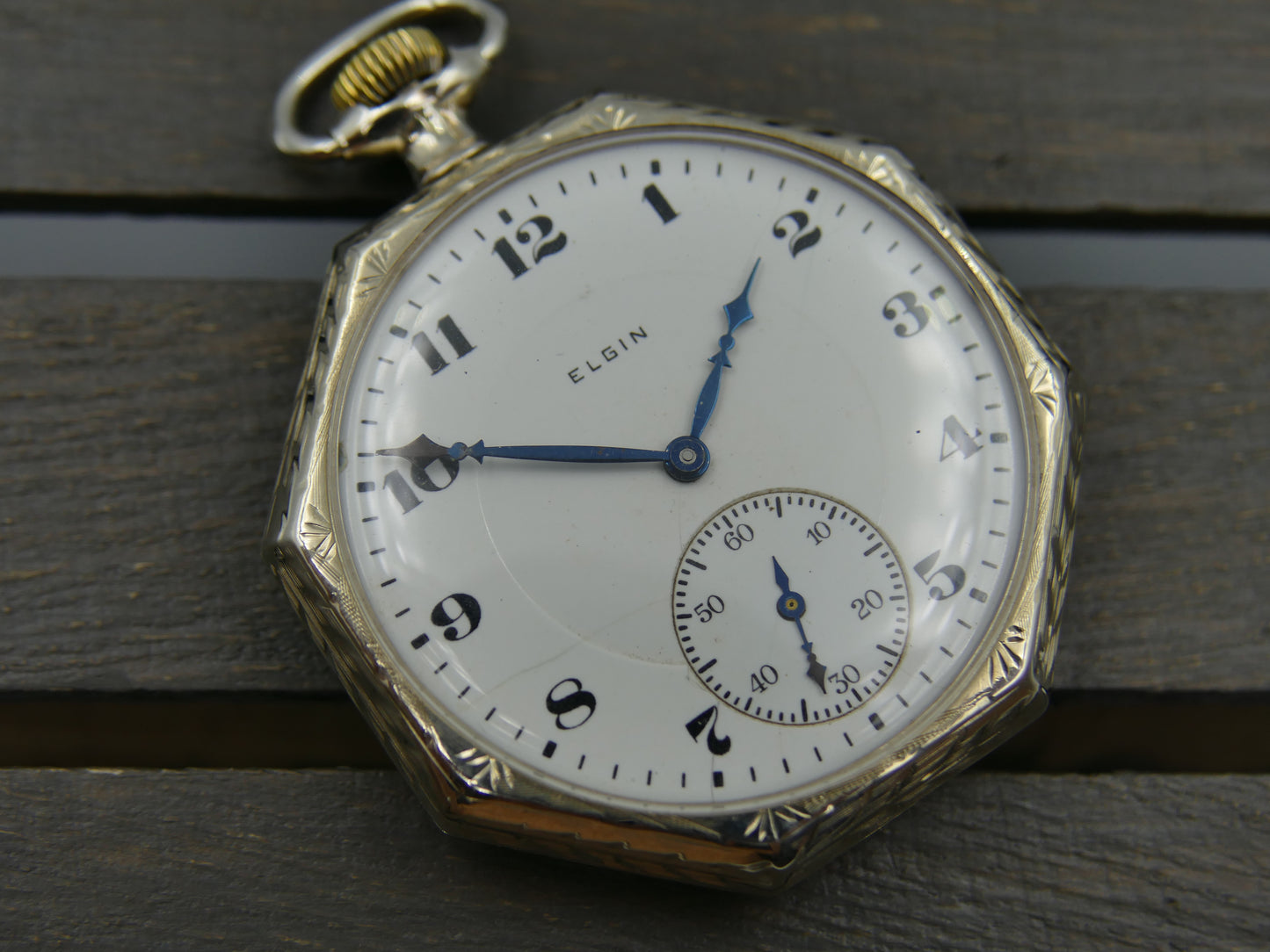 20s vintage pocket watch Elgin Grade 315 Octagonal white 14k solid gold serviced