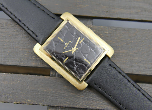 70s vintage watch mens Fortis tank manual wind black leather dial rare