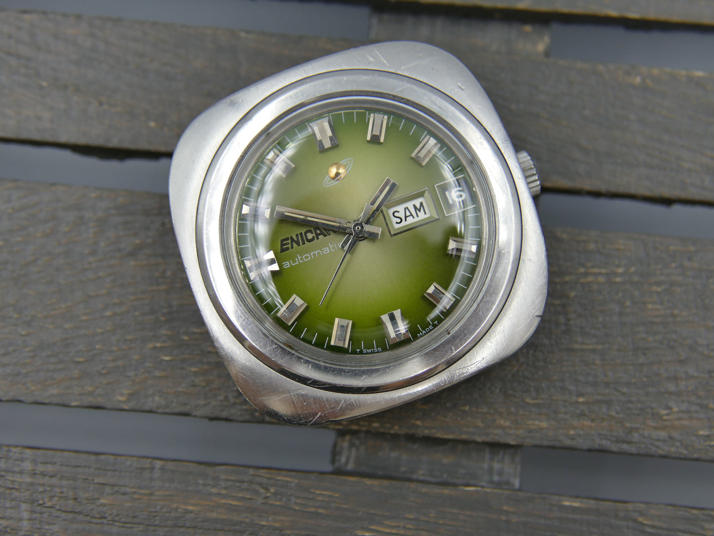 70s vintage watch mens Enicar ref 167-12-03 automatic day date 37mm green dial
