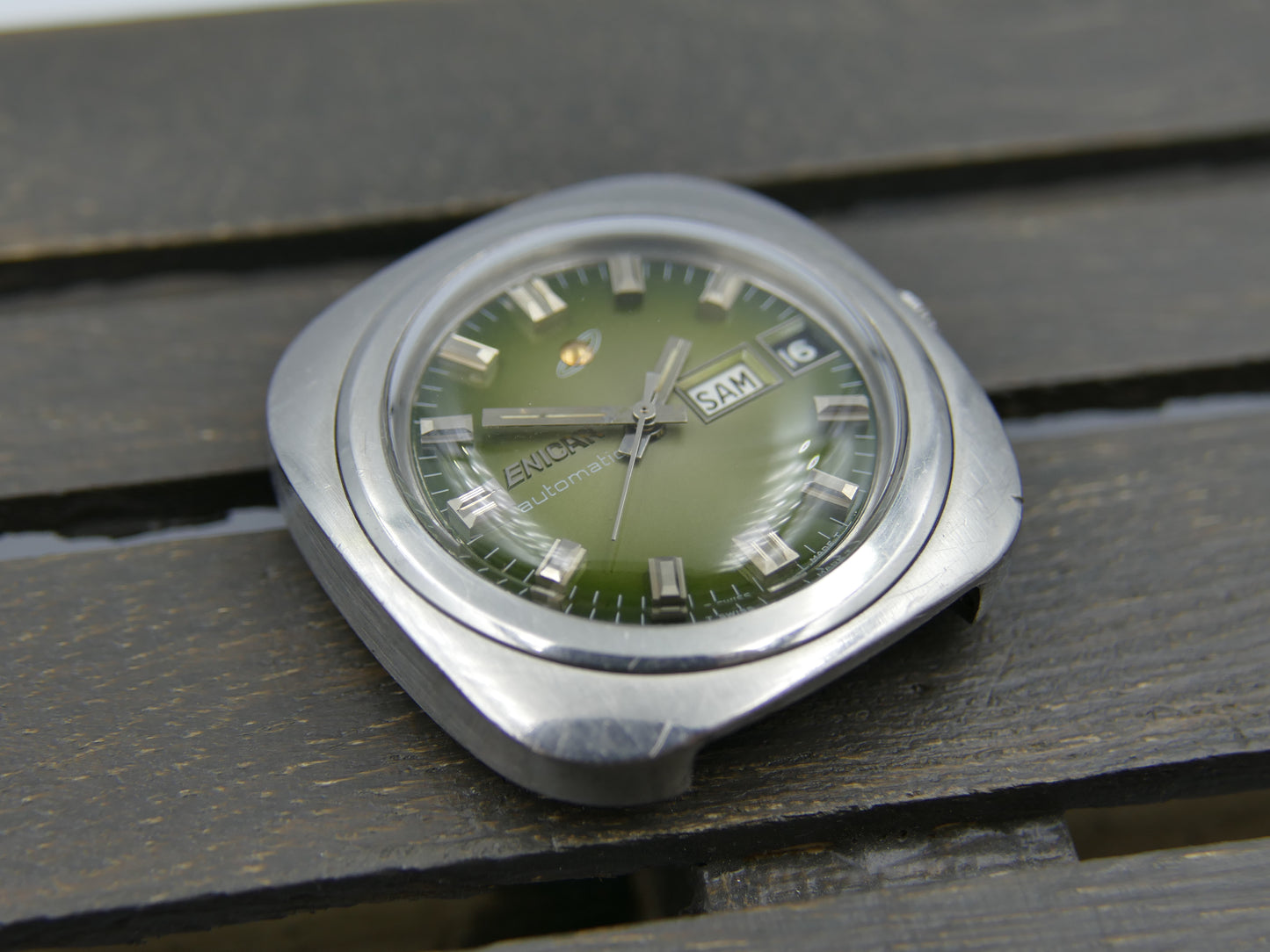 70s vintage watch mens Enicar ref 167-12-03 automatic day date 37mm green dial