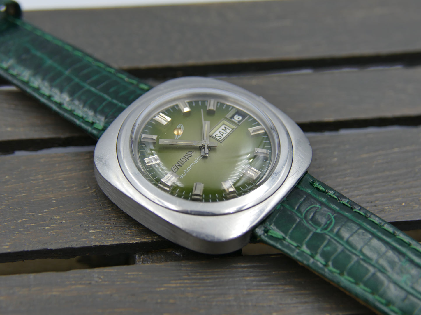 70s vintage watch mens Enicar ref 167-12-03 automatic day date 37mm green dial