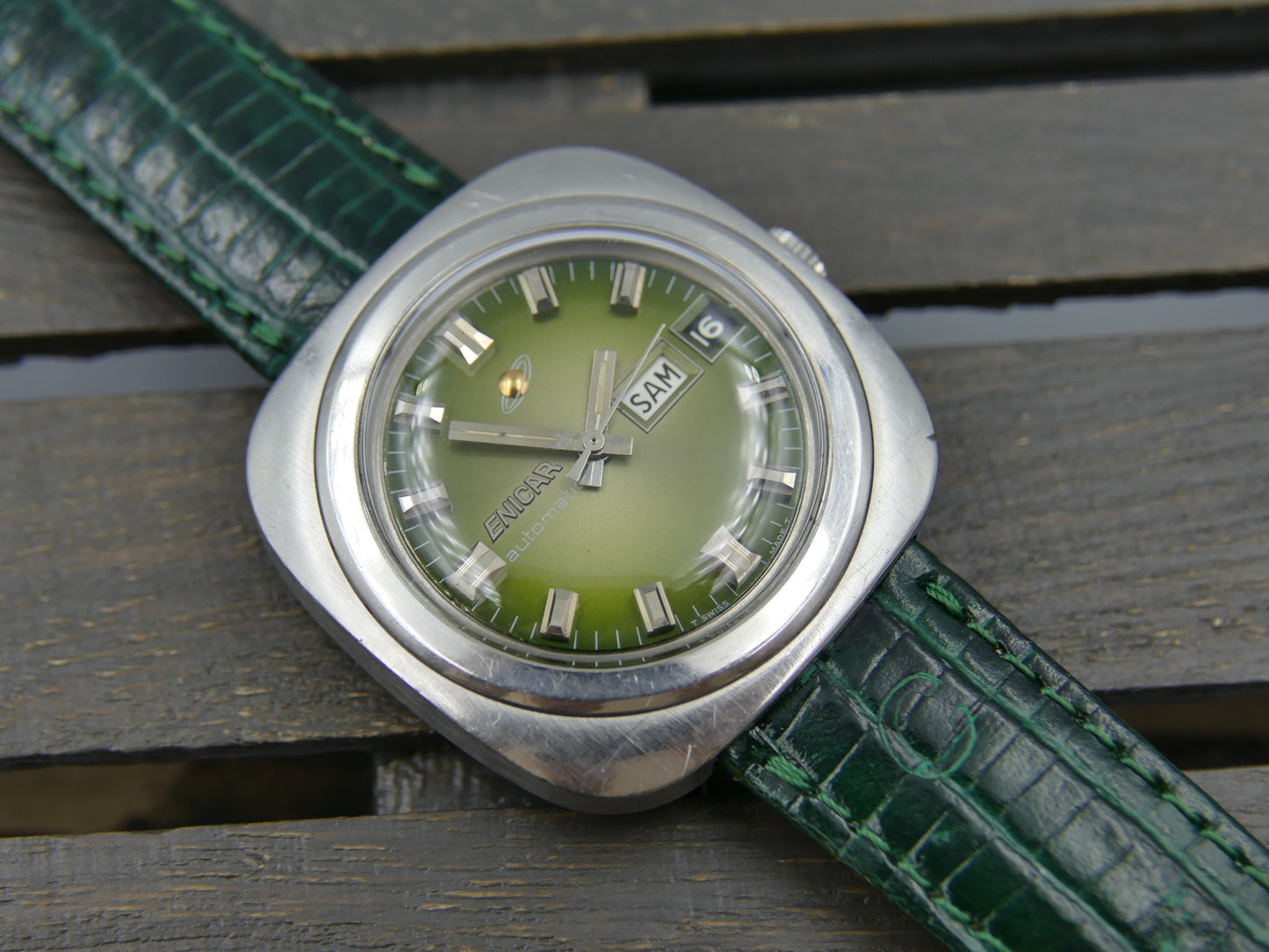 70s vintage watch mens Enicar ref 167-12-03 automatic day date 37mm green dial