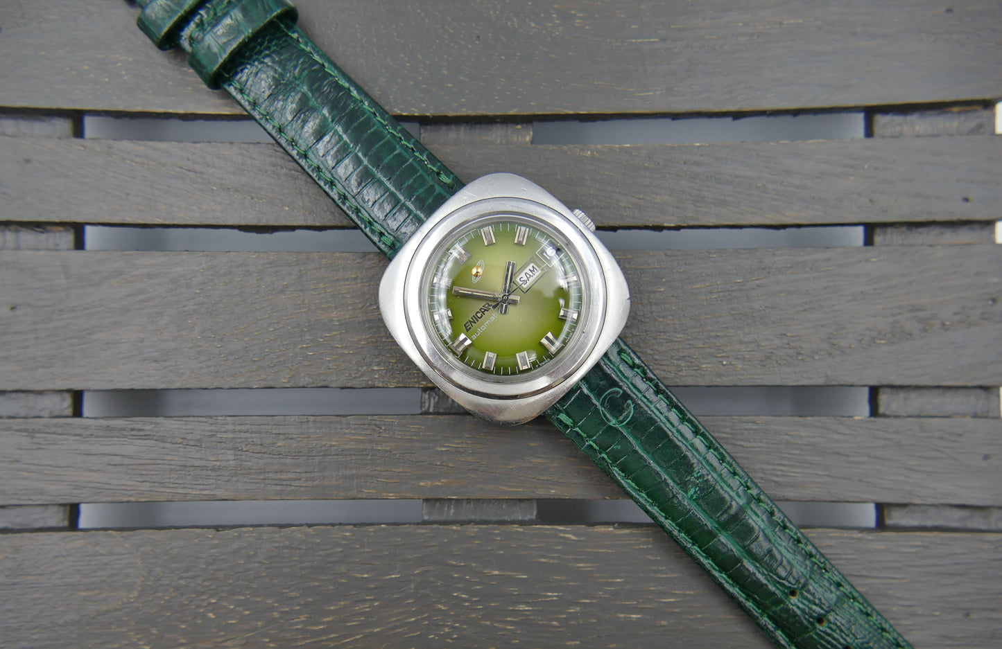 70s vintage watch mens Enicar ref 167-12-03 automatic day date 37mm green dial
