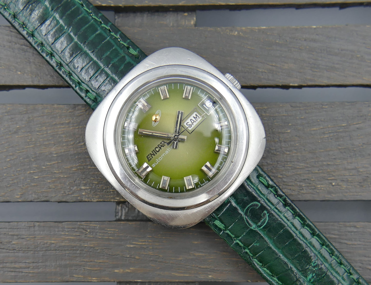 70s vintage watch mens Enicar ref 167-12-03 automatic day date 37mm green dial
