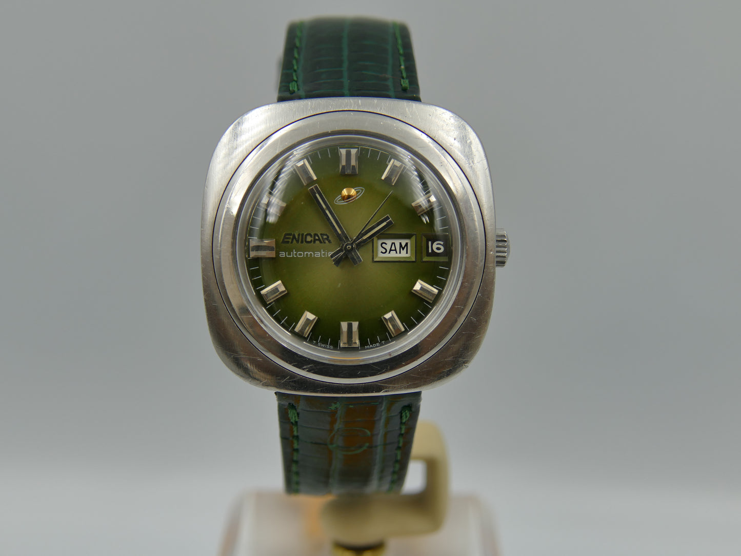 70s vintage watch mens Enicar ref 167-12-03 automatic day date 37mm green dial