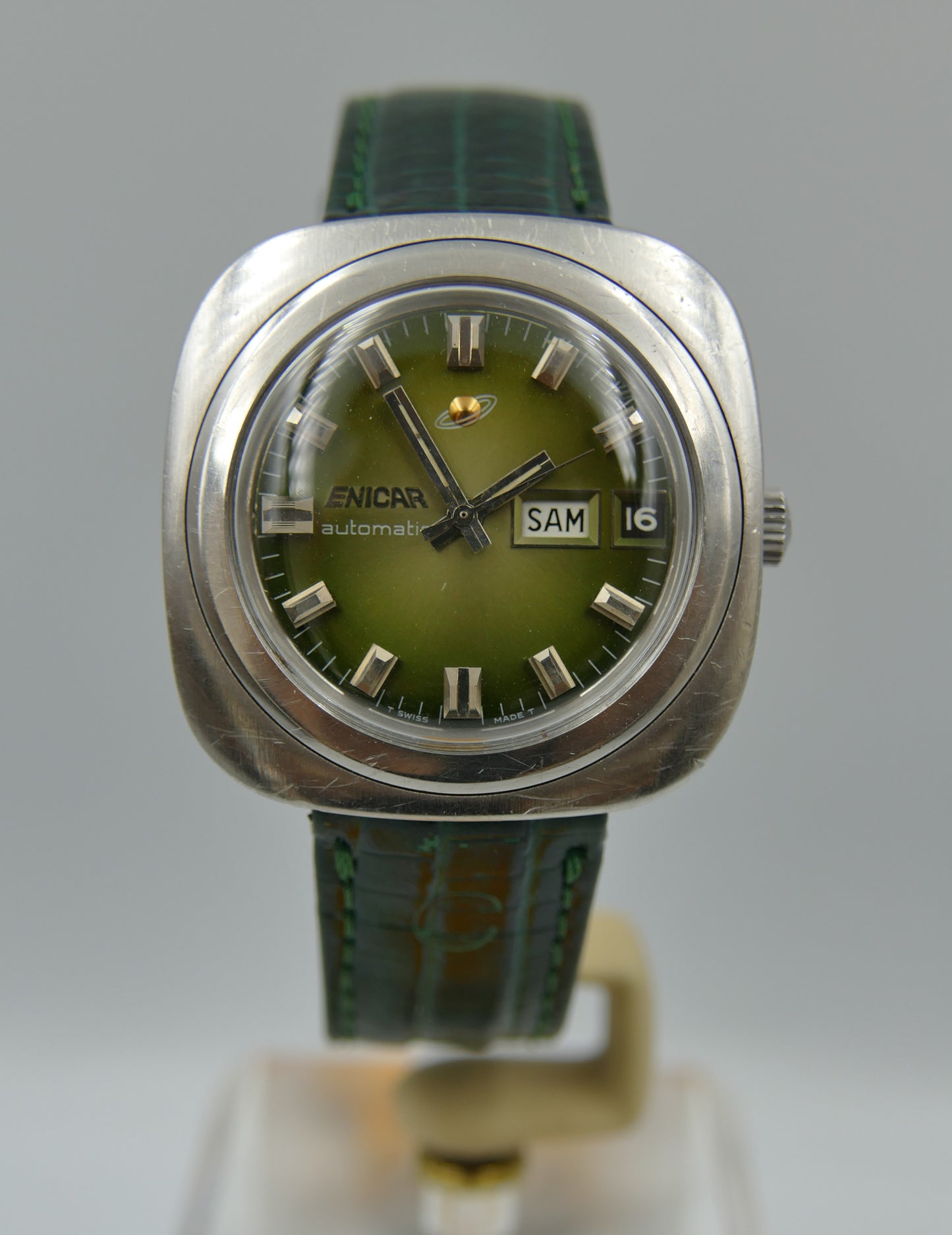 70s vintage watch mens Enicar ref 167-12-03 automatic day date 37mm green dial