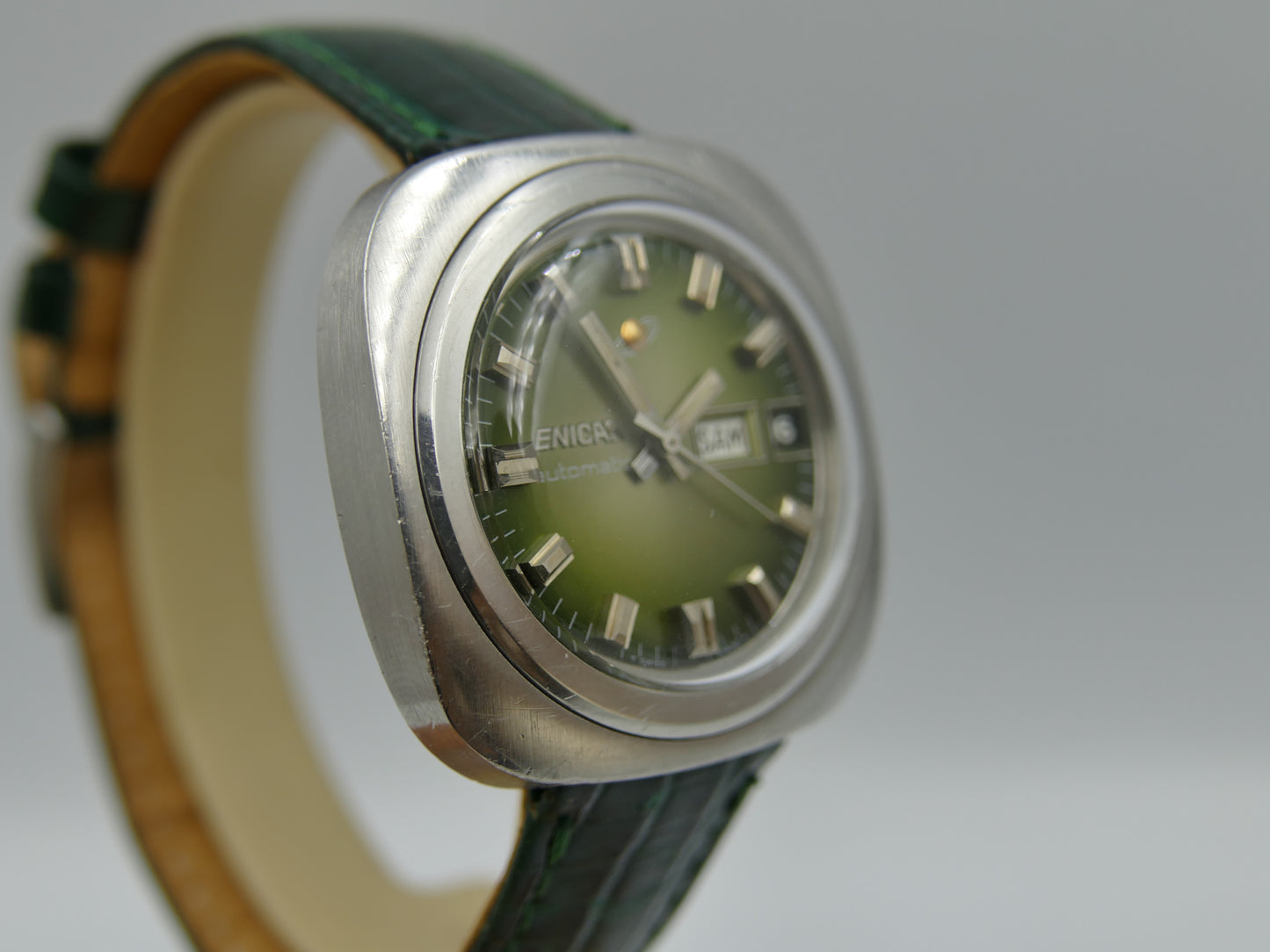 70s vintage watch mens Enicar ref 167-12-03 automatic day date 37mm green dial
