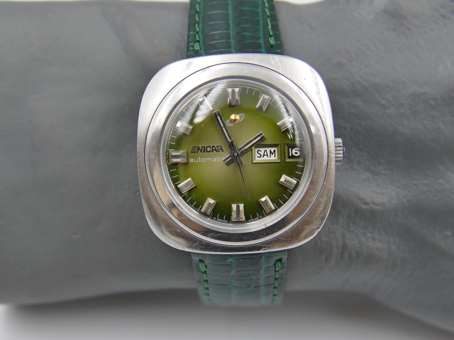 70s vintage watch mens Enicar ref 167-12-03 automatic day date 37mm green dial