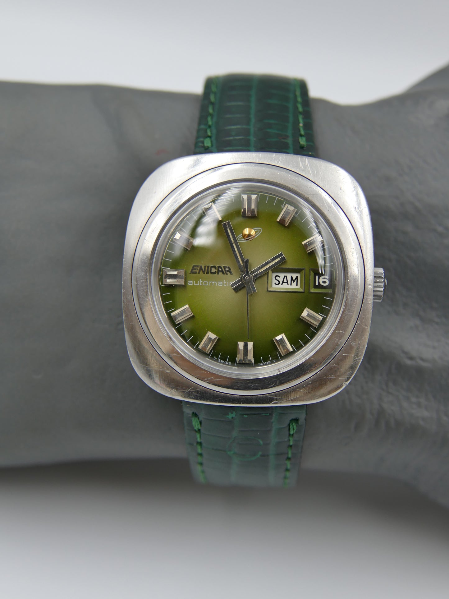 70s vintage watch mens Enicar ref 167-12-03 automatic day date 37mm green dial