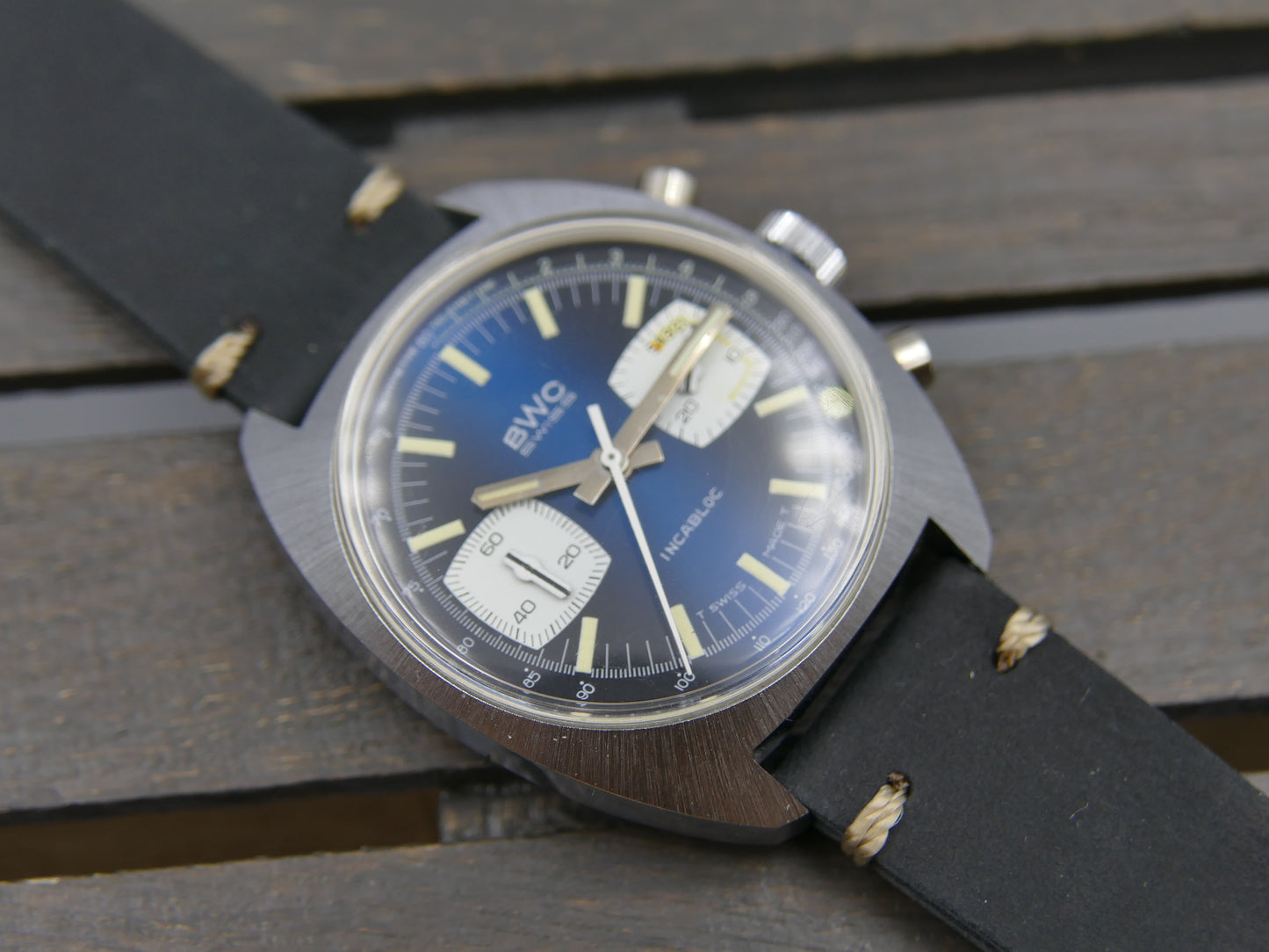 70s vintage watch mens chronograph BWC ref. 954012 valjoux 7733 mint