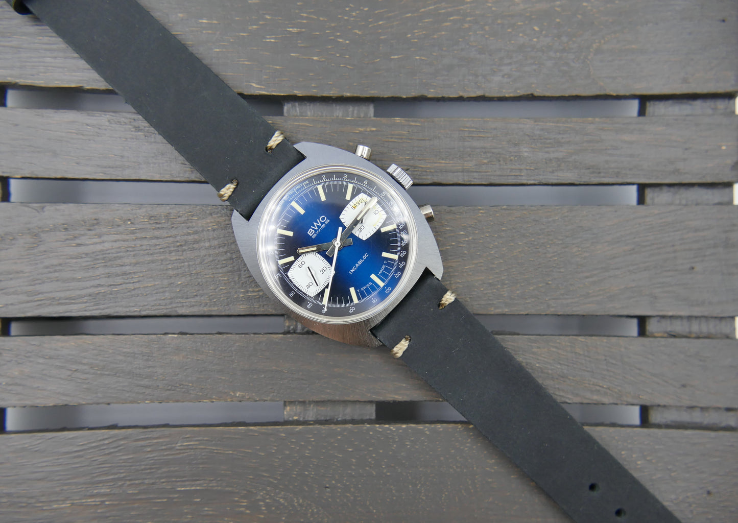 70s vintage watch mens chronograph BWC ref. 954012 valjoux 7733 mint