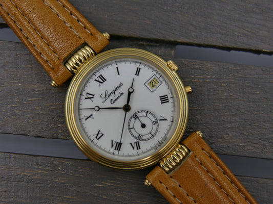 80s vintage watch mens Longines 150th Anniversary edition quartz chronograph monopusher mint