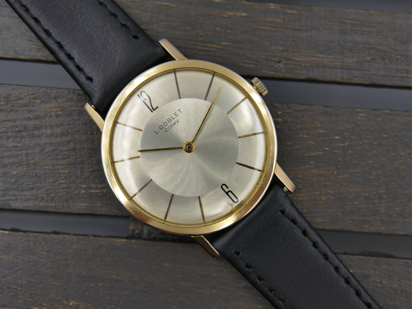 80s vintage watch mens L. Goblet Ciney hand wind Peseux 7001 ultra thin serviced