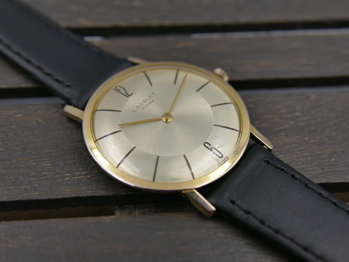 80s vintage watch mens L. Goblet Ciney hand wind Peseux 7001 ultra thin serviced