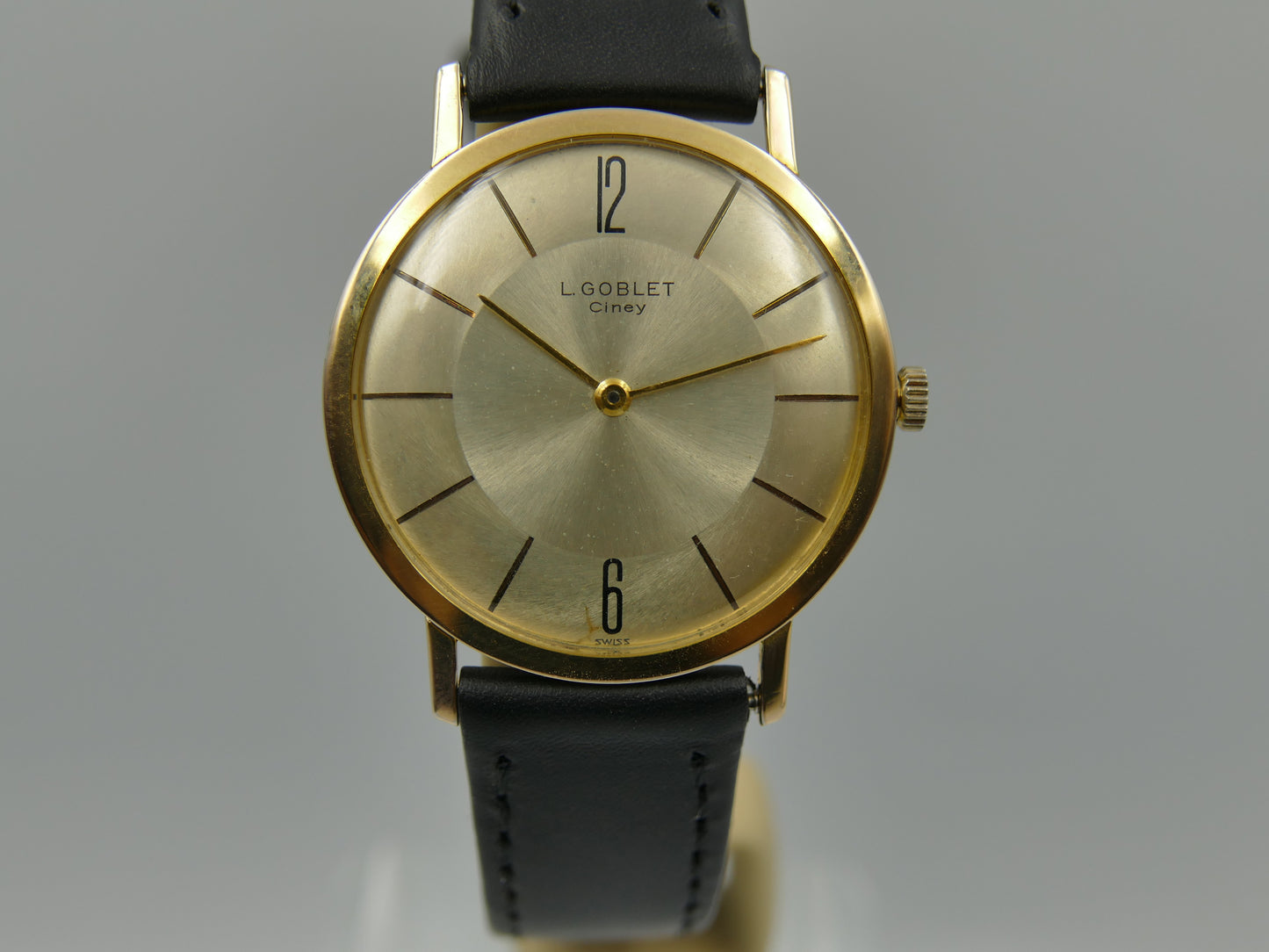 80s vintage watch mens L. Goblet Ciney hand wind Peseux 7001 ultra thin serviced