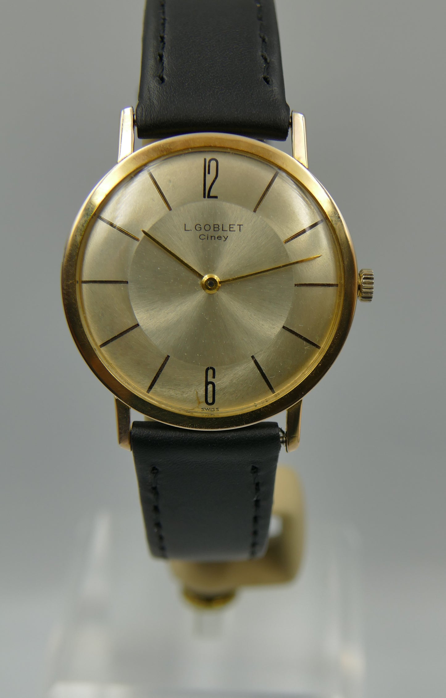 80s vintage watch mens L. Goblet Ciney hand wind Peseux 7001 ultra thin serviced