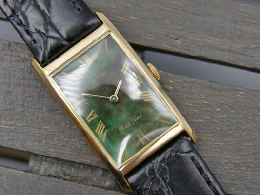 60s vintage watch mens Certina Good Time ref 0806 856 green dial rectangular curved