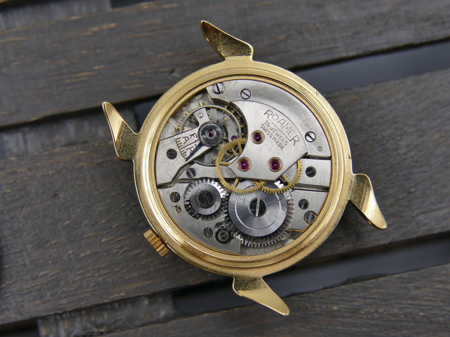 40s vintage watch Roamer ref 6502 crab lugs hand wind MST 372 two tone