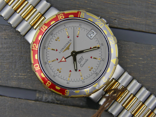 80s Vintage watch mens Longines ref 4995 Conquest GMT Quartz NOS