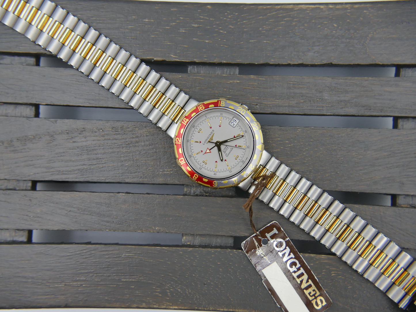 80s Vintage watch mens Longines ref 4995 Conquest GMT Quartz NOS