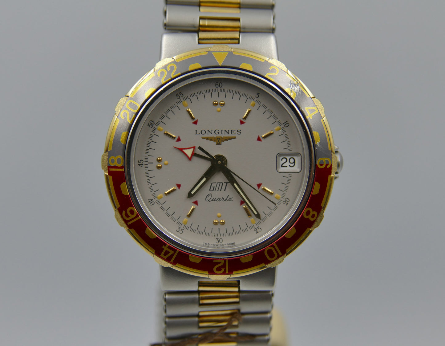 80s Vintage watch mens Longines ref 4995 Conquest GMT Quartz NOS