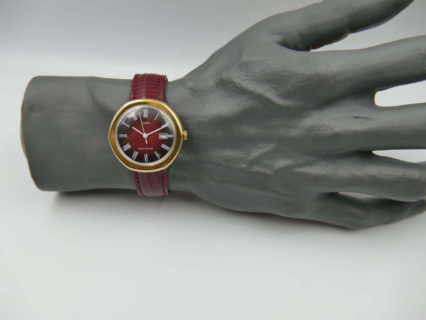 Vintage watch mens Timex hand wind burgundy gold pl