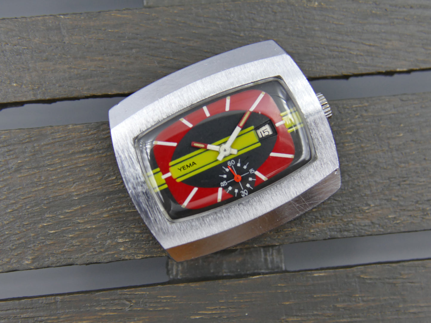 70s vintage watch mens Yema TV manual wind FHF 362 red yellow dial funky