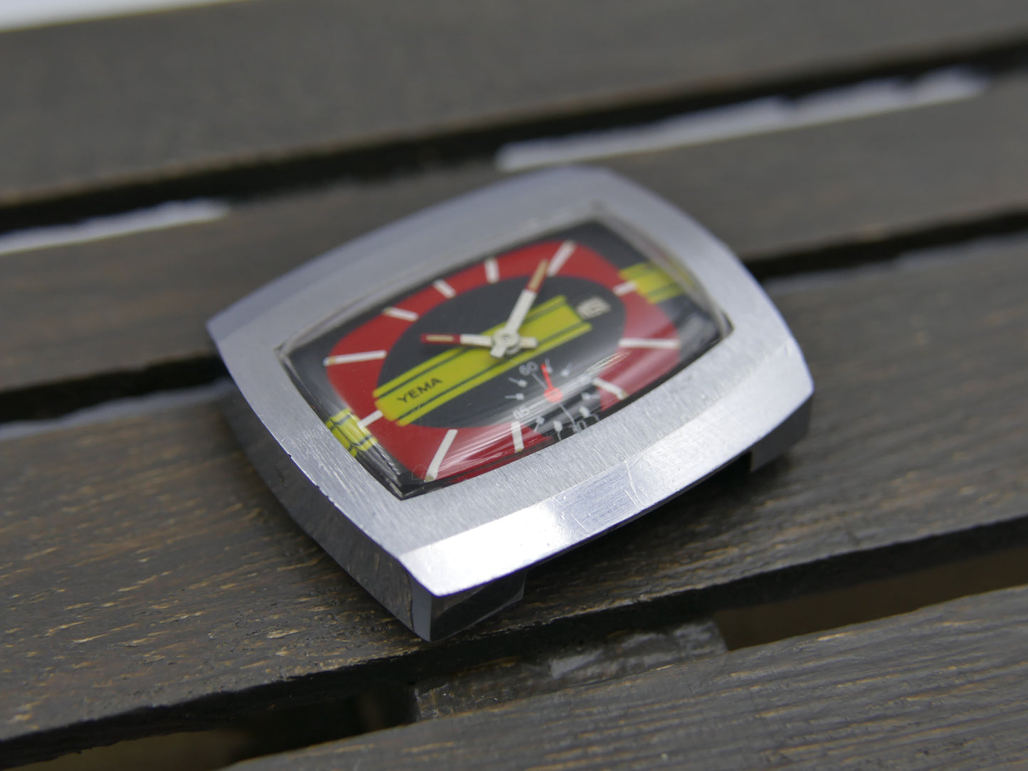 70s vintage watch mens Yema TV manual wind FHF 362 red yellow dial funky