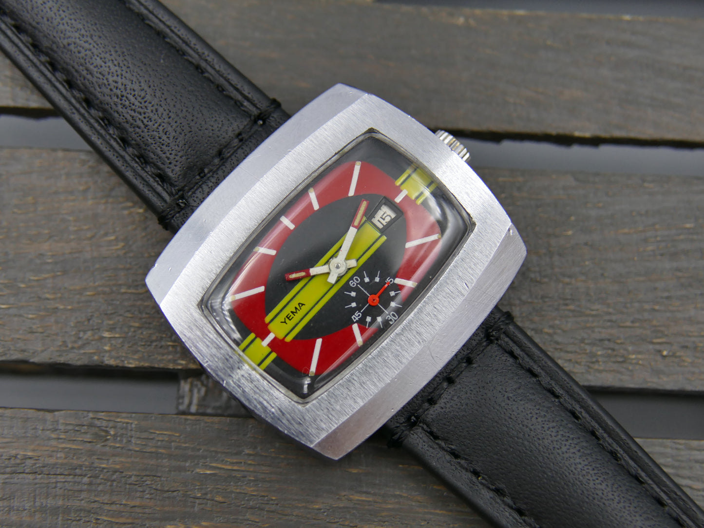 70s vintage watch mens Yema TV manual wind FHF 362 red yellow dial funky