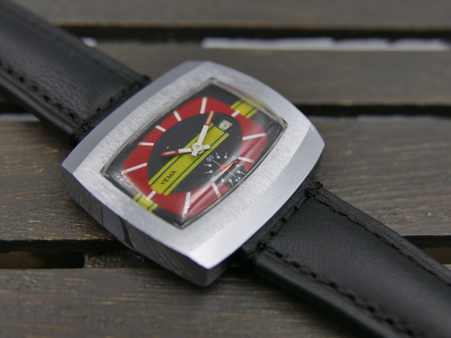 70s vintage watch mens Yema TV manual wind FHF 362 red yellow dial funky