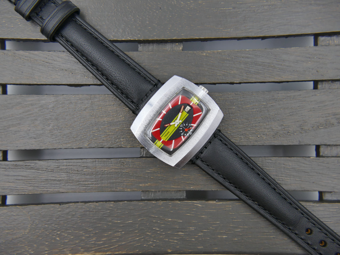 70s vintage watch mens Yema TV manual wind FHF 362 red yellow dial funky