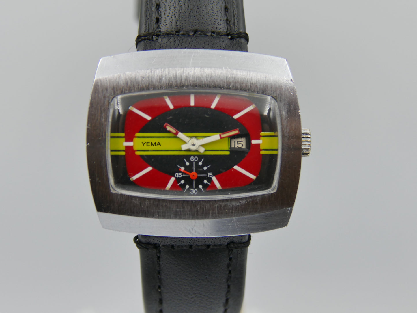 70s vintage watch mens Yema TV manual wind FHF 362 red yellow dial funky