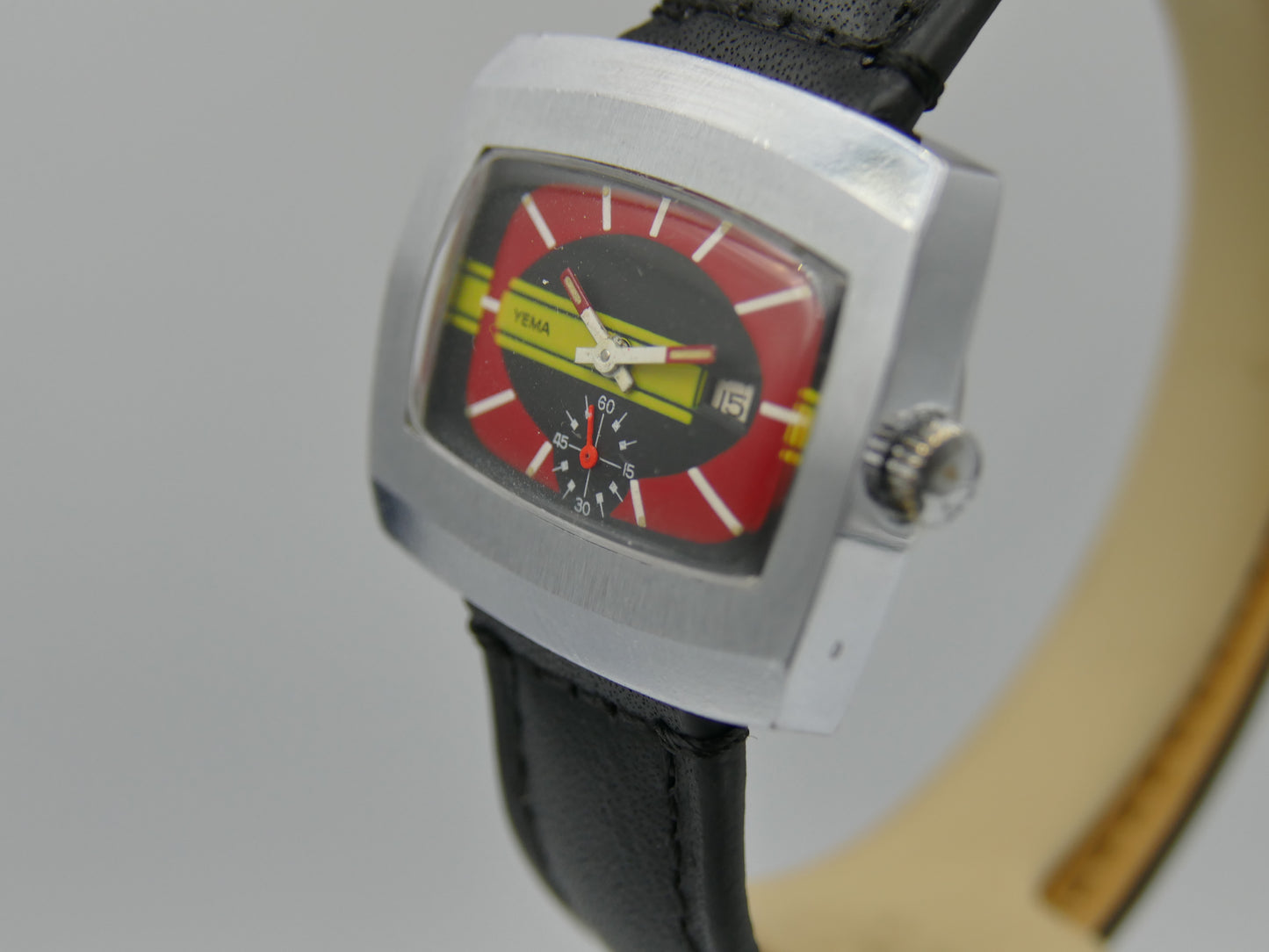 70s vintage watch mens Yema TV manual wind FHF 362 red yellow dial funky