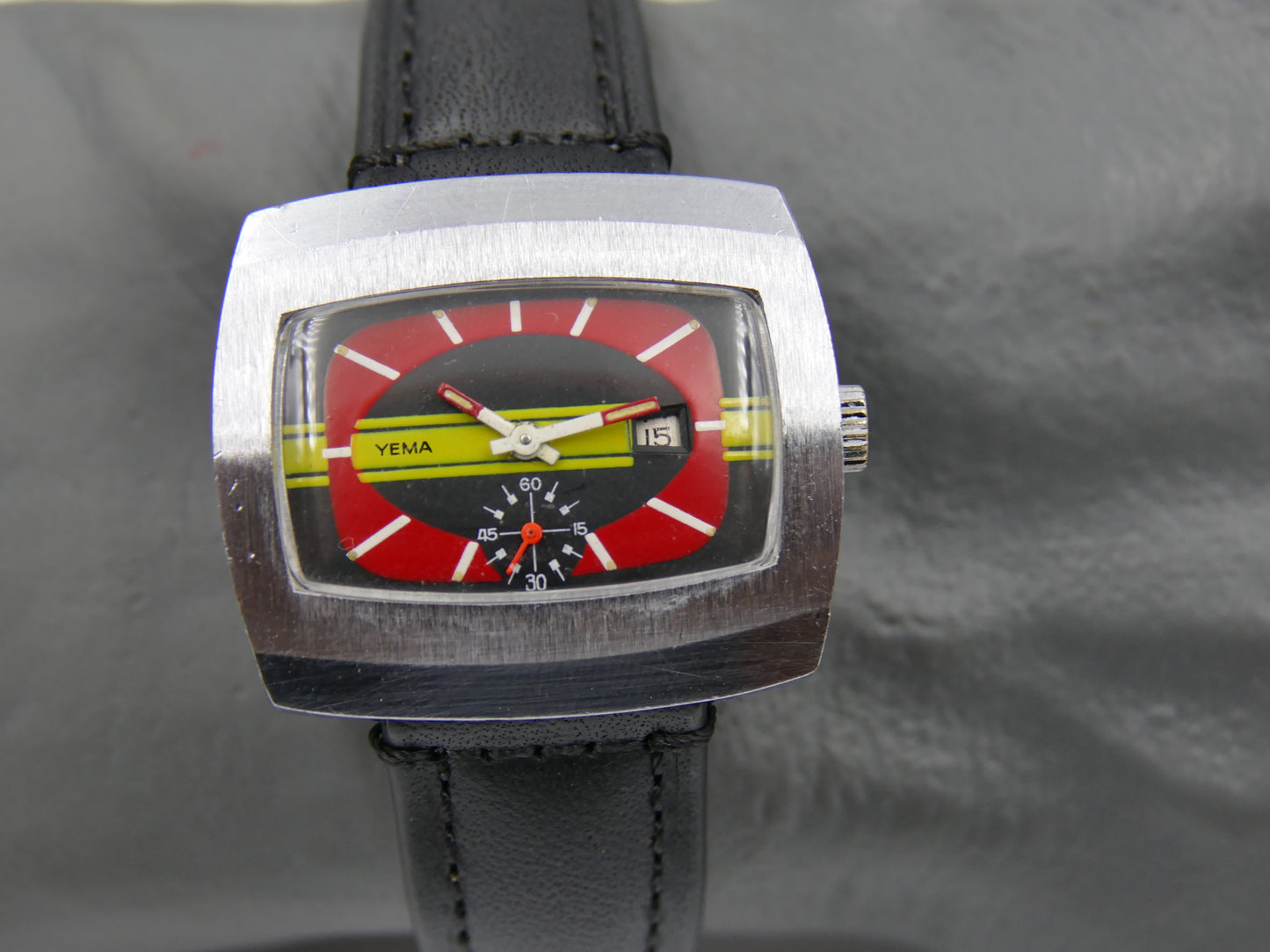 70s vintage watch mens Yema TV manual wind FHF 362 red yellow dial funky
