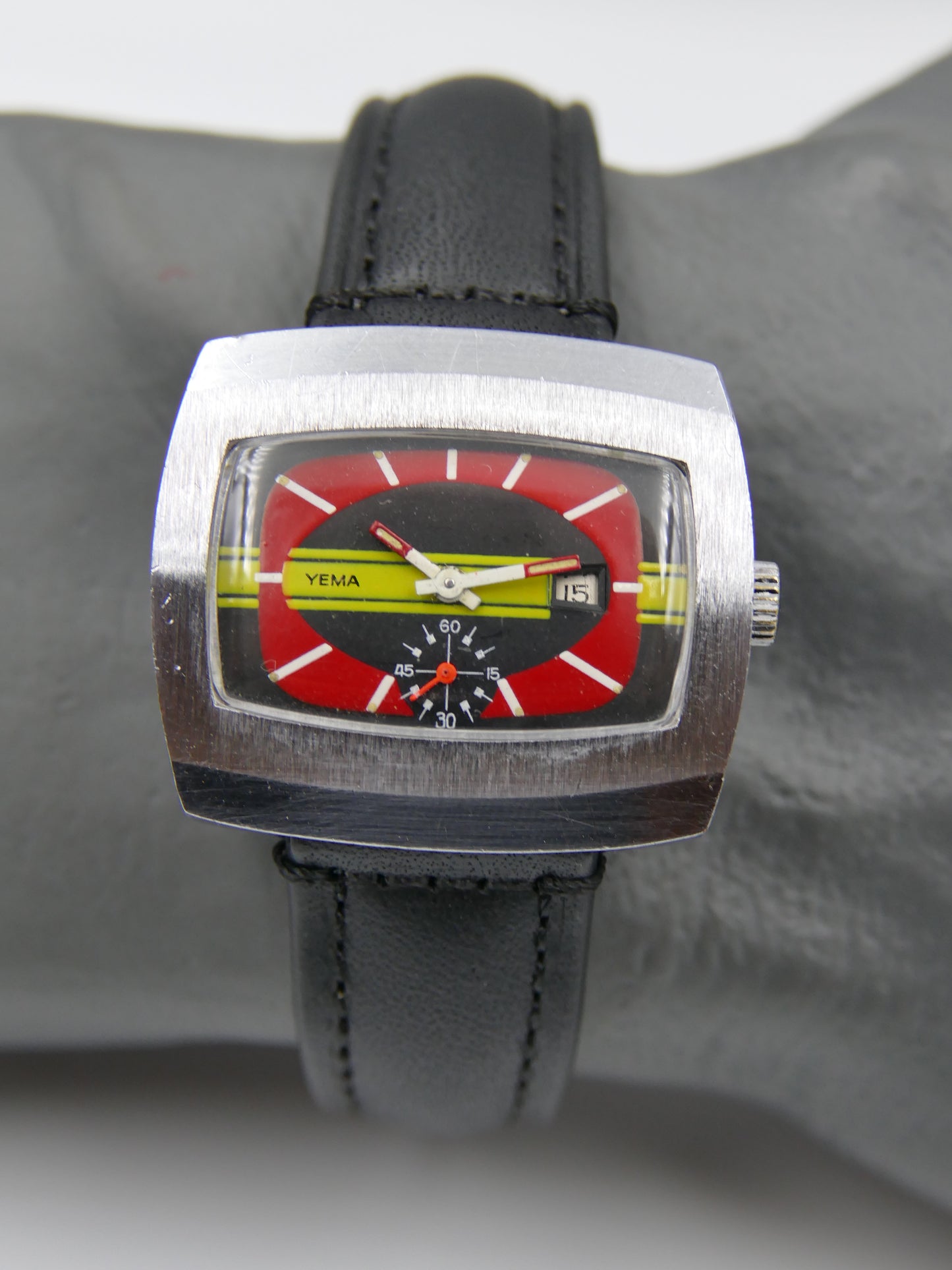 70s vintage watch mens Yema TV manual wind FHF 362 red yellow dial funky