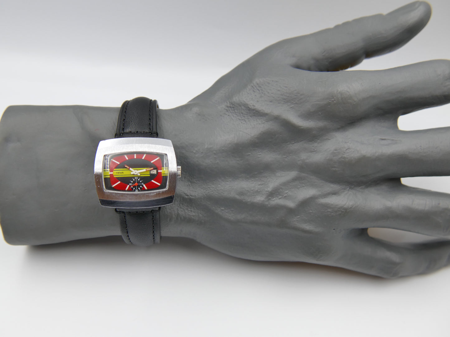 70s vintage watch mens Yema TV manual wind FHF 362 red yellow dial funky